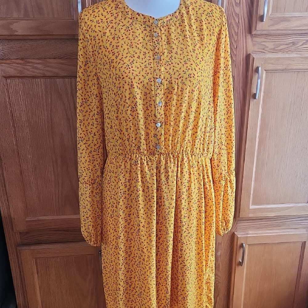 Bobeau Yellow Long Sleeve Crew Neck Sundress Size Large